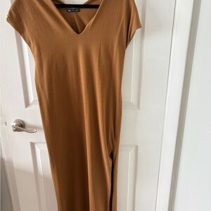 ZARA 100% Cotton Midi Dress in Caramel Brown. Size Small